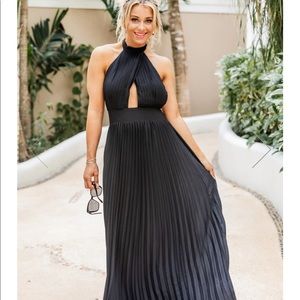 SUNNY GLEAM BLACK ACCORDION HALTER MAXI DRESS Pink Lily